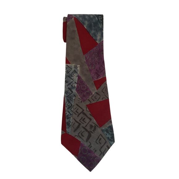 Vintage Tie 100% Silk Oscar de la Renta Made in USA Abstract Geometric Red Gray - Picture 1 of 7